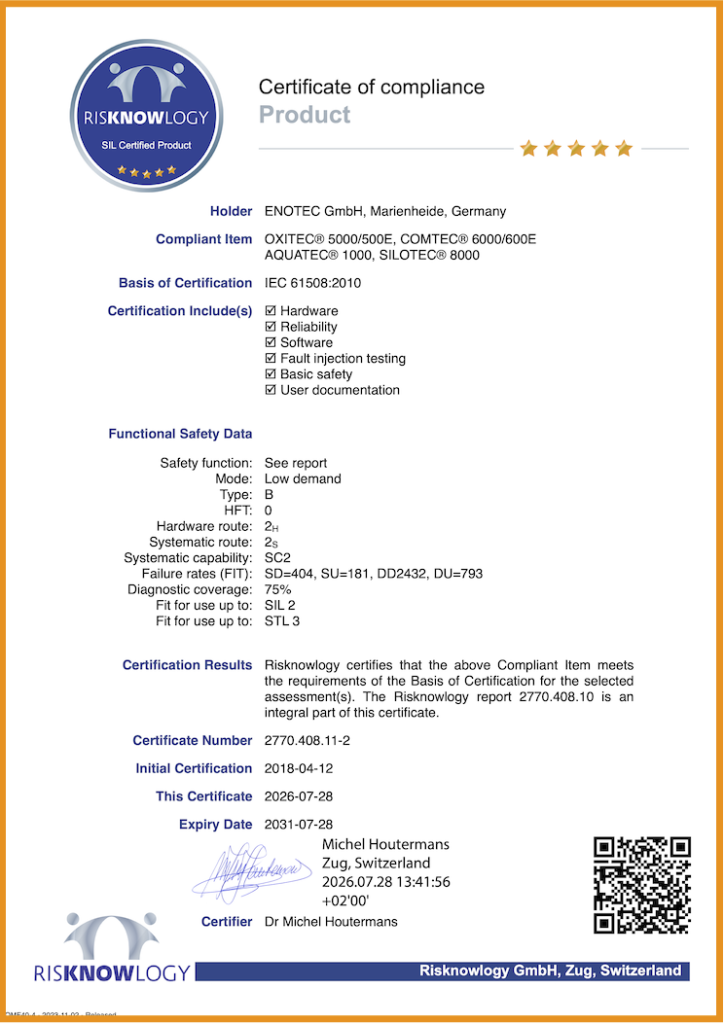 ENOTEC OXITEC, COMTEC, AQUATEC and SILOTEC Gas Analyzers Achieve SIL 2 Certification Under IEC 61508